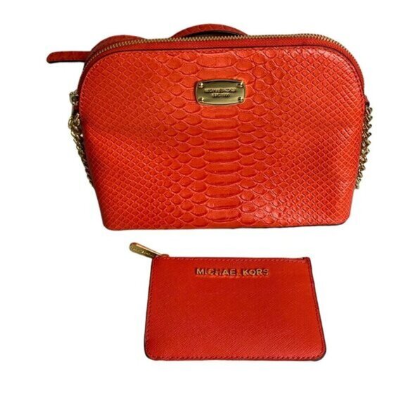 Michael Kors Red Orange Snake‎ Embossed Leather Dome Crossbody Bag With Wallet - Picture 1 of 6
